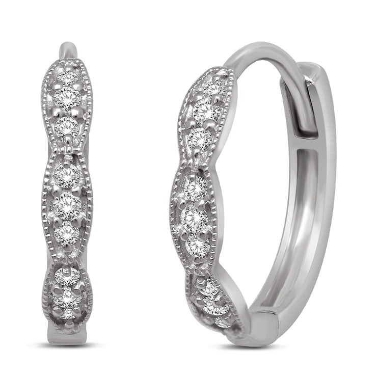 14K White Gold 1/6 Ctw Round Scalloped Edge Diamond Milgrain Hoop Earrings