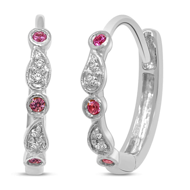 14K White Gold 0.12 Ct. Tw. Round Pink Sapphire And Diamond Hoop Earrings