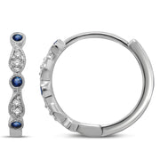 14K White Gold 0.12 Ctw. Round Diamond And Genuine Blue Sapphire Hoop Earrings