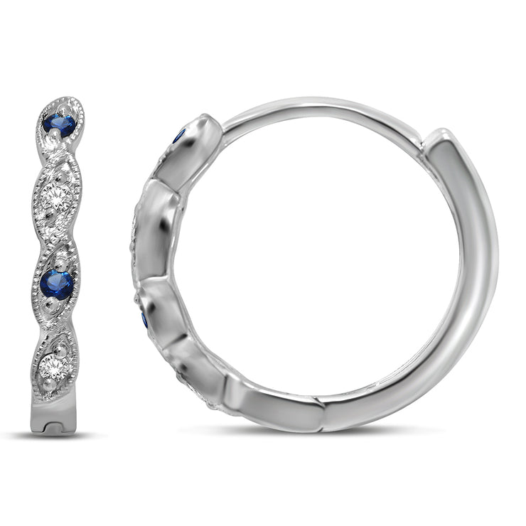 14K White Gold 0.08 Ctw. Classic Blue Sapphire & Diamond Round Cut Hoop Earrings