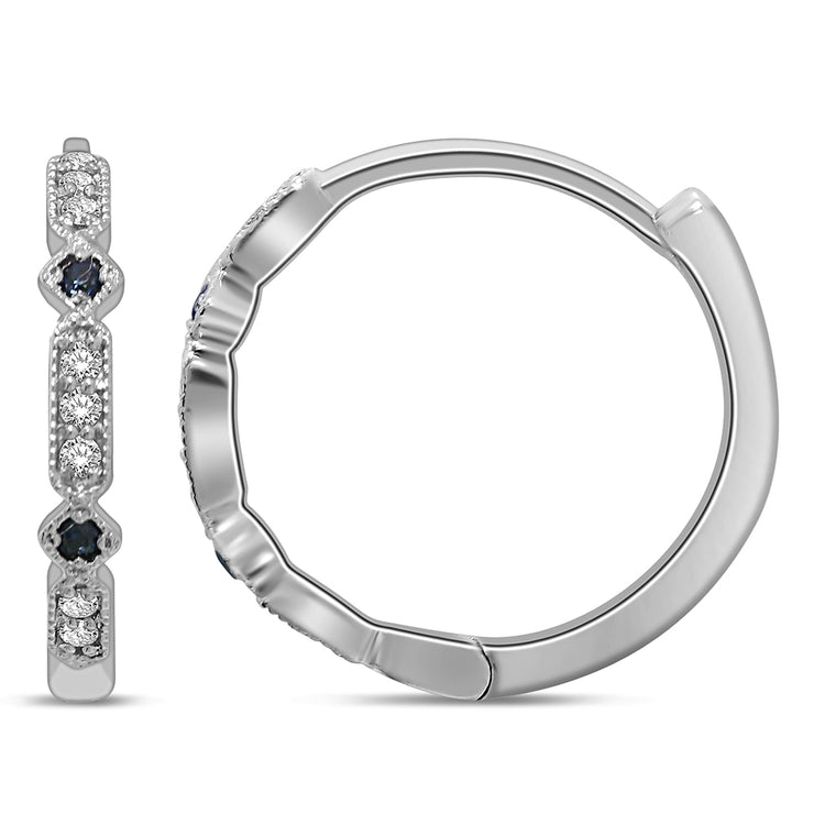 14K White Gold 0.08 Ct. Tw.  Genuine Round Blue Sapphire And Diamond Hoop Earrings