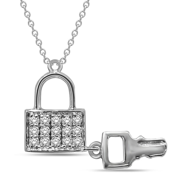 10K White Gold Lock & Key 0.20ctw Diamond Pendant