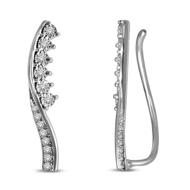 10K White Gold 0.25 Ctw. Illusion Set Fancy Curved Diamond Hoop Earrings