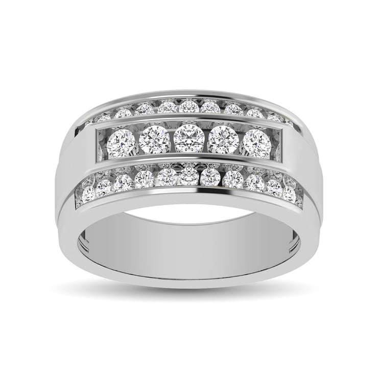 10K White Gold 1/2 Ctw 3-Row Round Cut Diamond Mens Wedding Ring