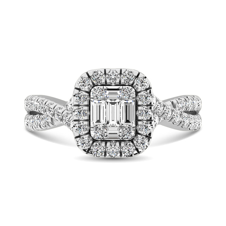 0.9 Ct.Tw. Round & Baguette Cushion Halo Diamond Twist Shank Engagement Ring