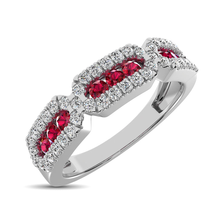 0.59ctw Multi-Diamond & Ruby Flat Halo Stackable Band