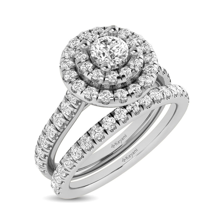 14KT White Gold 1.00ctw Variety of Diamond Cuts Double Halo Engagement Ring