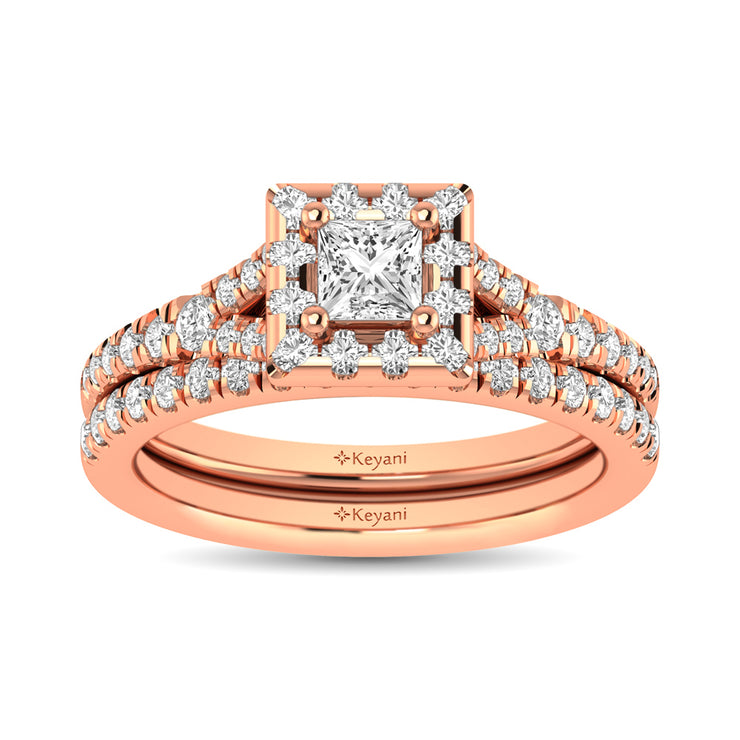 Diamond  Split Shank Single Halo Bridal Ring 1 ct tw Princess Cut in 14K Rose Gold