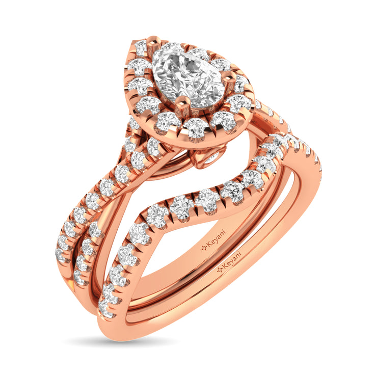 14KT White Gold 1ctw Diamond Pear Halo Braided Shank Bridal Set Engagement Ring