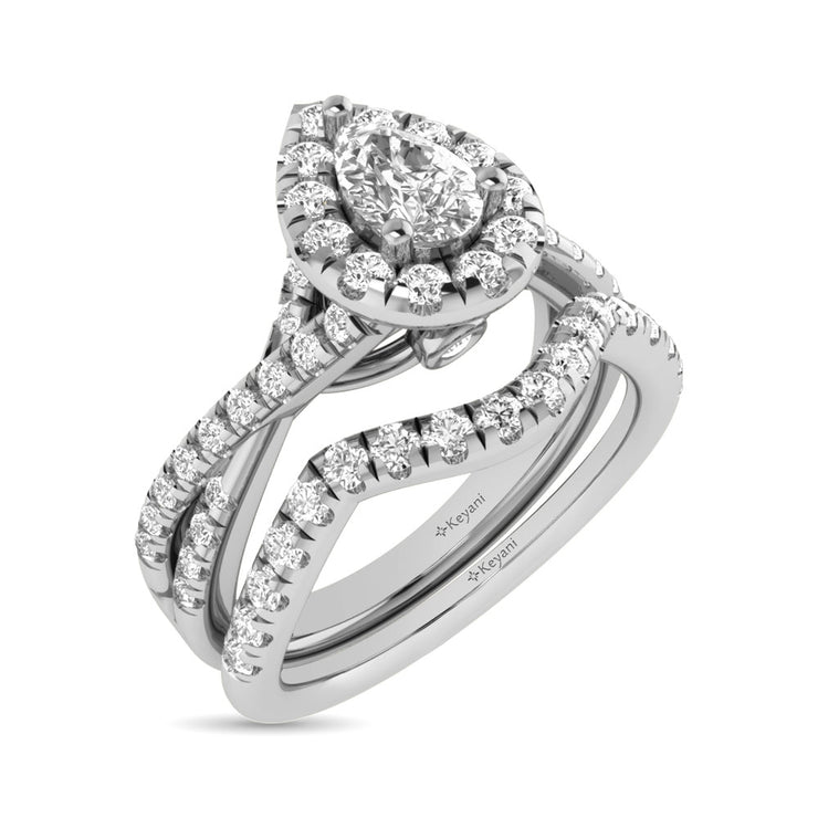 14KT White Gold 1ctw Diamond Pear Halo Braided Shank Engagement Ring