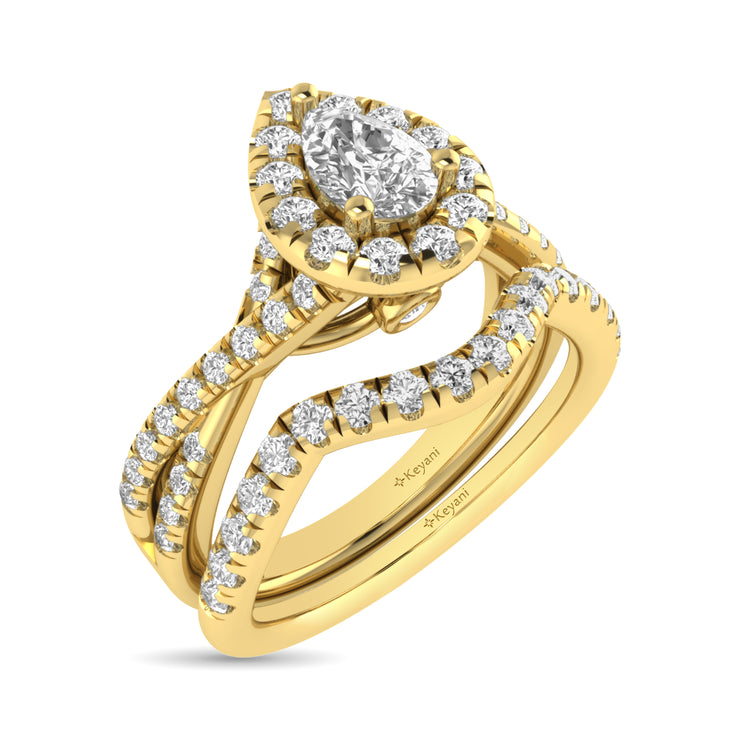 14KT White Gold 1ctw Diamond Pear Halo Braided Shank Bridal Set Engagement Ring