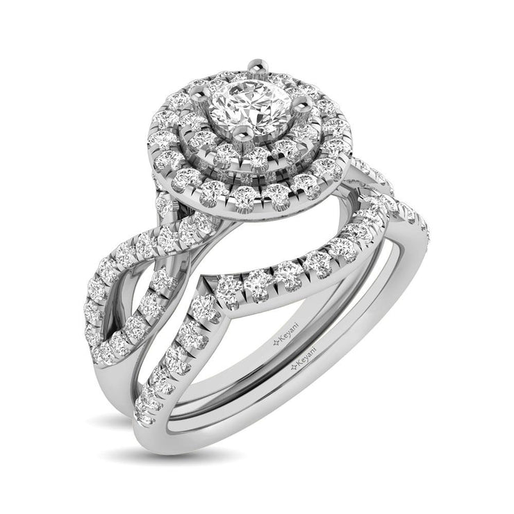14KT White Gold 1ctw Diamond Pear Halo Braided Shank Bridal Set Engagement Ring