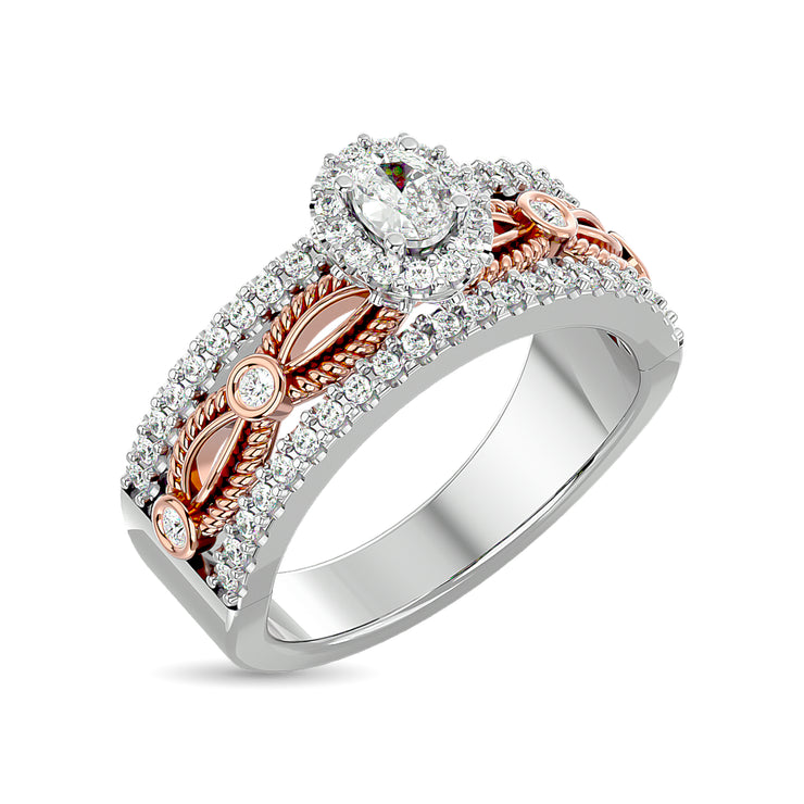 2-tone 0.75ctw Oval Shape Halo Bezel Diamond Engagement Ring