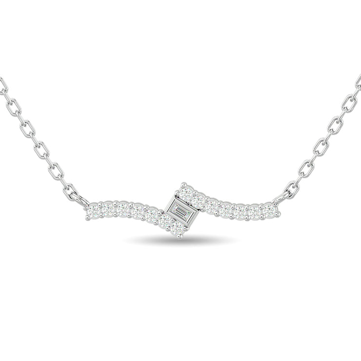 Diamond Round & Straight Buggete Fashion Necklace 1/8 ct tw in 10K White Gold