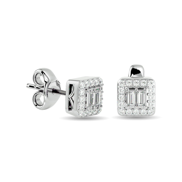 Diamond Round and Straight Buggete 1/4 ct tw Fashion Earrings in 10K White Gold