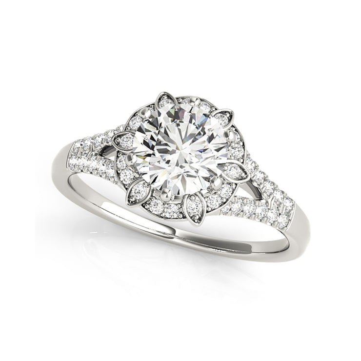 Floral Detail Round Halo Split Shank Diamond Engagement Ring(  0.71 CTW)