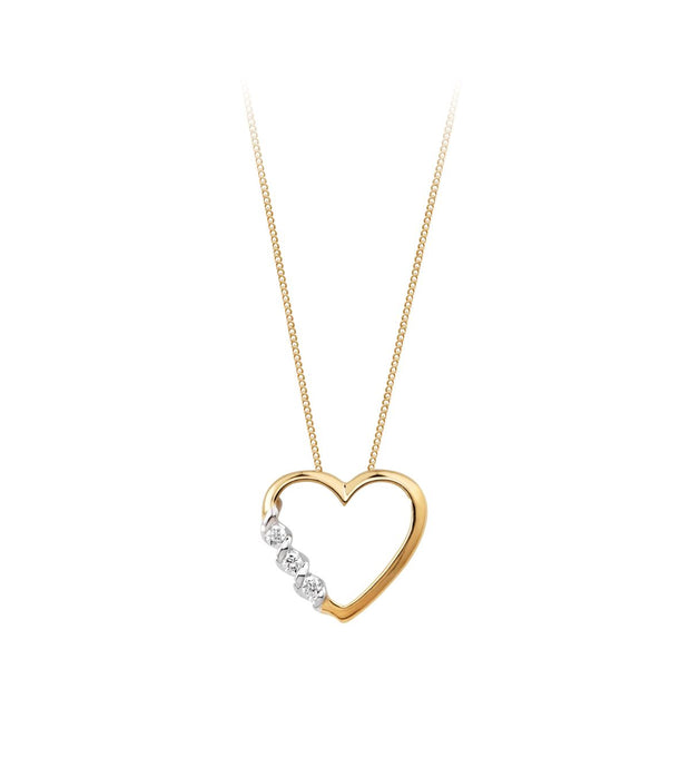 10K Yellow Gold 0.06ctw Three-stone Heart Necklace