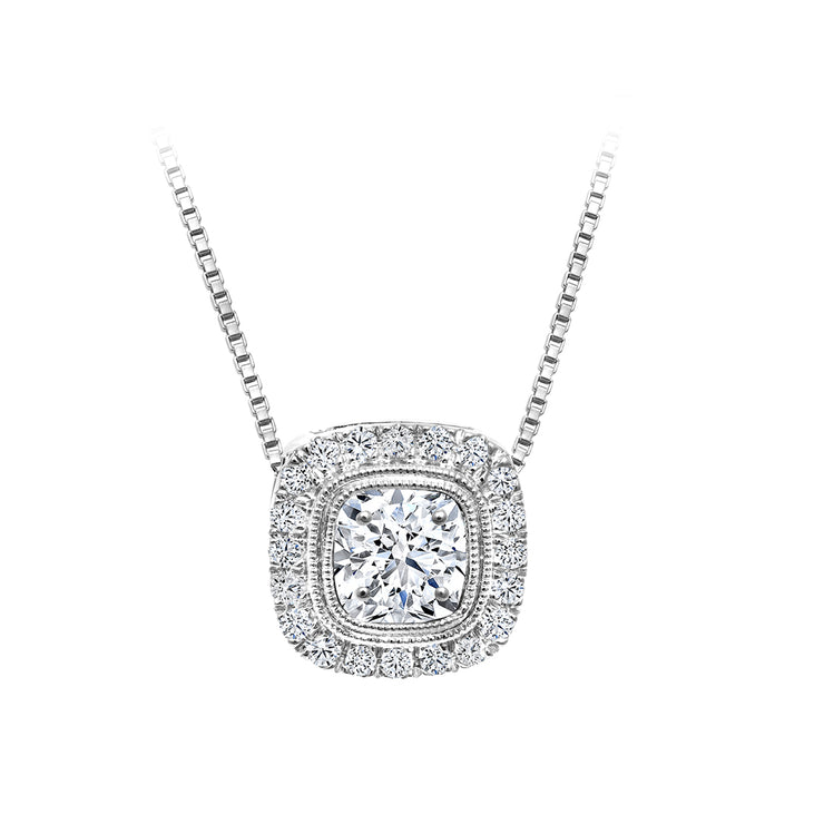 CR-P2580 - 10K White Gold Canadian Diamond Cushion Halo  Pendant