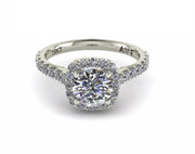 MODERN CUSHION HALO SIDE-STONE DIAMOND ENGAGEMENT RING