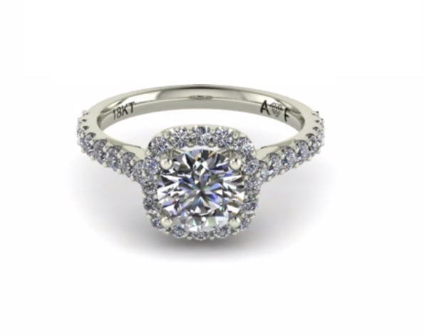 MODERN CUSHION HALO SIDE-STONE DIAMOND ENGAGEMENT RING