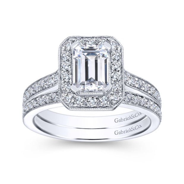 gabriel&co-emerald-cut-diamond-milgrain-halo-pave-set-diamond-band-wedding-ring-famediamonds