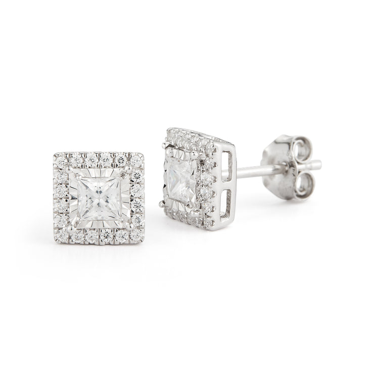Halo Princess Studs Made In 14K White Gold