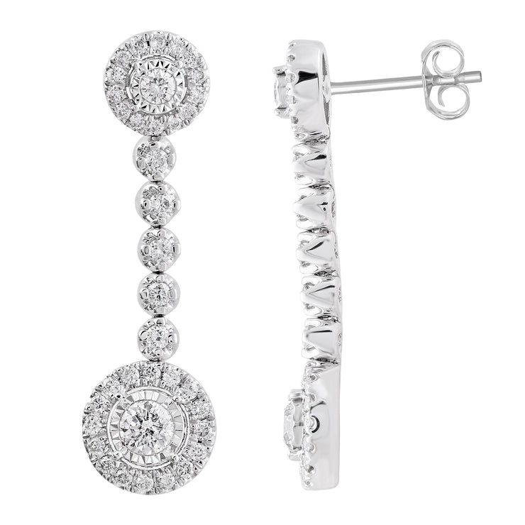 14K White Gold 1.00ctw Modern Dangly Halo Diamond Earrings
