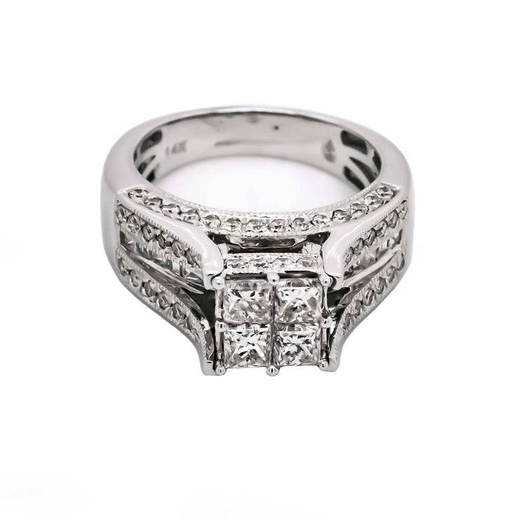 14K W/G 2.10 CTW Vintage Style Quad Diamond Ring