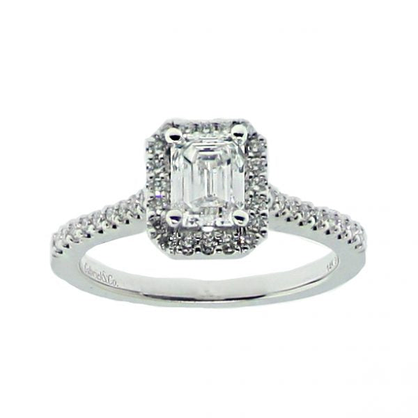 14K WG Gabriel & Co. GIA 1.01ct. Emerald Cut Halo Engagement Ring