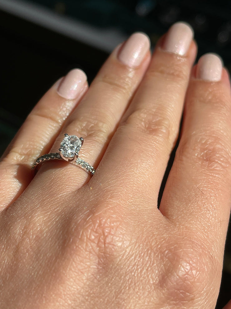 Modern Oval Solitaire Pave-Set Side-Diamond Engagement Ring