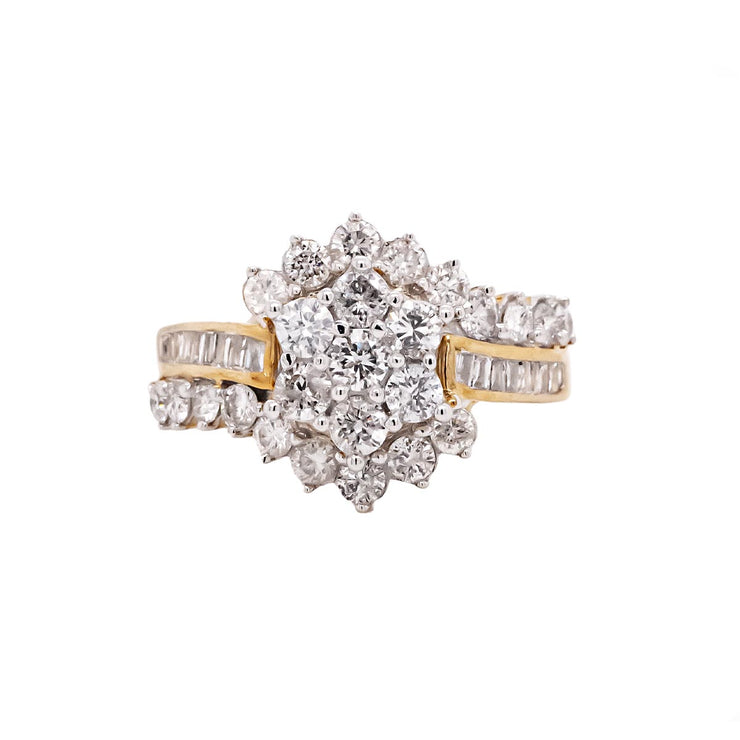 10K Y/G 1.50 CTW Round & Baguette Diamond Flower Ring