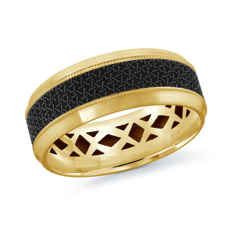 Carbon Fiber 14K Gold Milgrain edges Satin Finish Men's Wedding Band 8mm