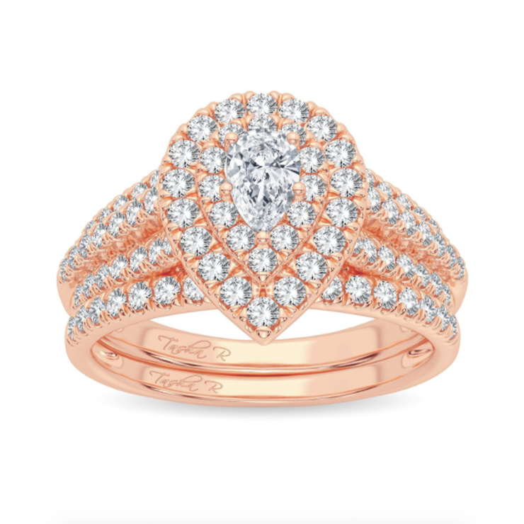 14k White Gold 1.00 Ct. Tw. Oval Cut Diamond Double Halo / Triple Shank / Engagement and Wedding Ring Set