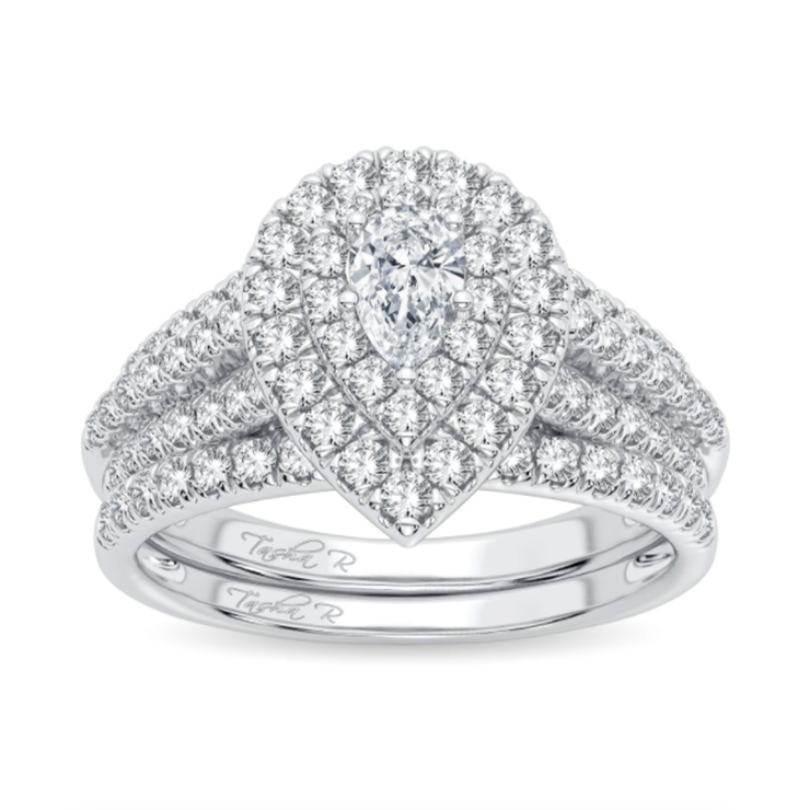 14k White Gold 1.00 Ct. Tw. Oval Cut Diamond Double Halo / Triple Shank / Engagement and Wedding Ring Set