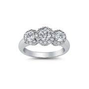 Three Stone Halo Plain Shank Diamond Engagement Ring made in 14k White gold