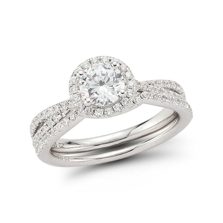 Halo Petite Twist Shank Diamond Engagement Ring with Matching Band made in 14k White gold