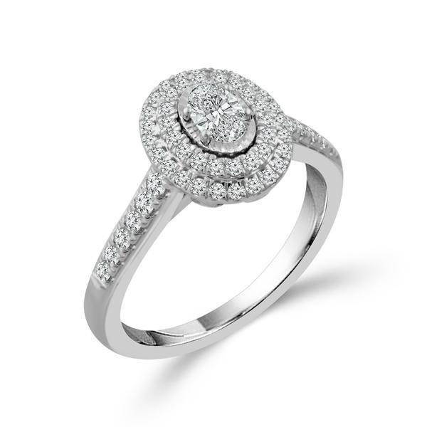 14k White Gold 0.75 Ct. Tw. Emerald And Round Cut Double Halo Engagement Ring