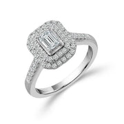 14k White Gold 0.75 Ct. Tw. Emerald And Round Cut Double Halo Engagement Ring