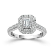 14k White Gold 0.75 Ct. Tw. Emerald And Round Cut Double Halo Engagement Ring