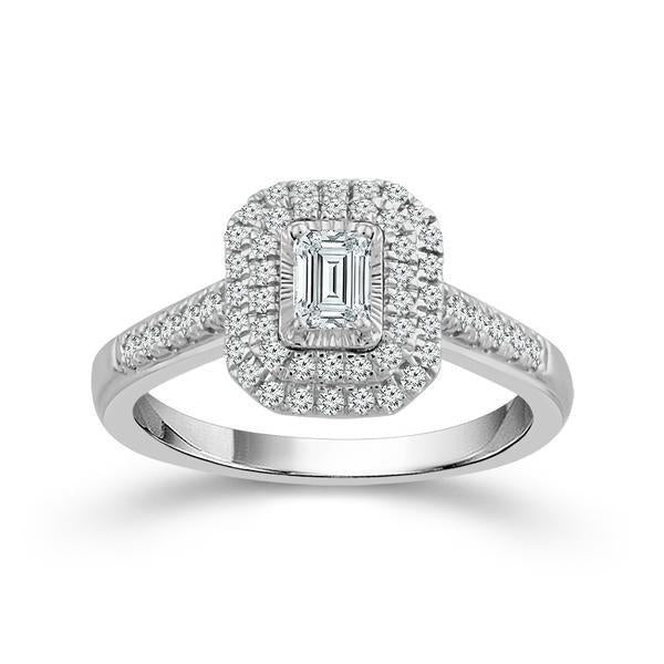 14k White Gold 0.75 Ct. Tw. Emerald And Round Cut Double Halo Engagement Ring