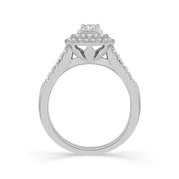 14k White Gold 0.75 Ct. Tw. Emerald And Round Cut Double Halo Engagement Ring