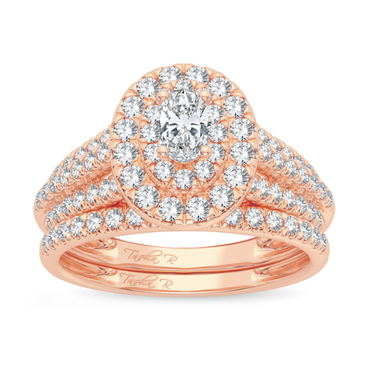 14k White Gold 1.00 Ct. Tw. Oval Cut Diamond Double Halo / Triple Shank / Engagement and Wedding Ring Set
