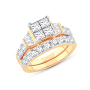 14k White & Gold Princess, Round And Baguette Cut Diamond And Bridal Ring Set