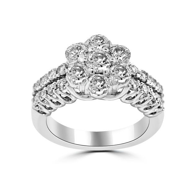 Custom Designed 2-Row Flower Round Cut Diamond Right Hand Ring