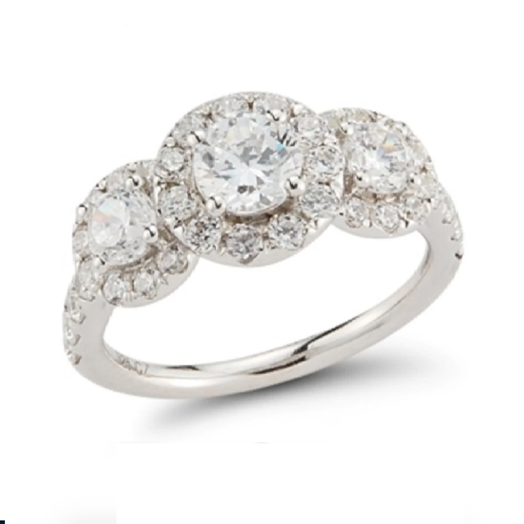 Three Stone Halo Diamond Engagement Ring made in 14k White gold