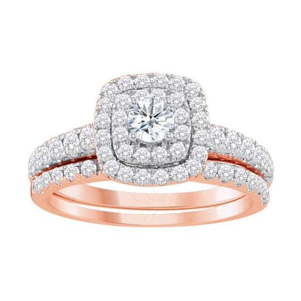 14K White Gold 1.00ctw Cushion Halo Diamond With Matching Diamond Band | Fame Diamonds