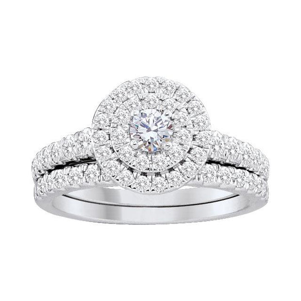 14K White Gold 1.00ctw Cushion Halo Diamond With Matching Diamond Band | Fame Diamonds
