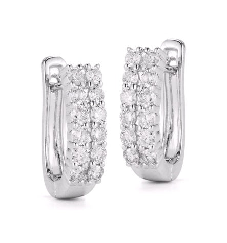 14K White Gold 0.25Ctw. TWO ROWS PRONG HUGGIES  Diamond Hoop Earrings