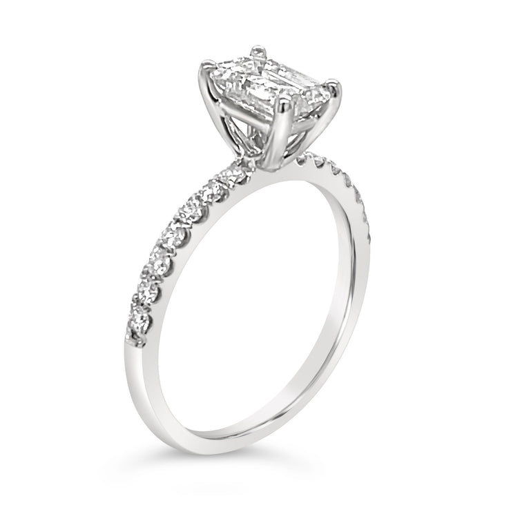 Modern Emerald Cut Solitaire Side-Diamond Engagement Ring