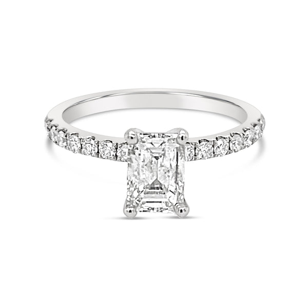 Modern Emerald Cut Solitaire Side-Diamond Engagement Ring - angle view